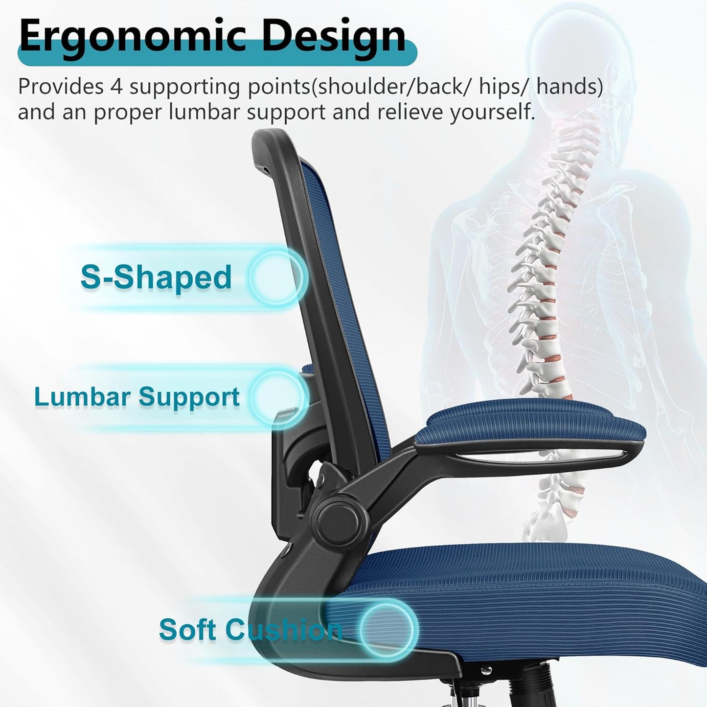 FelixKing Office Chair, Ergonomic Desk Chair Breathable Mesh Chairs with Adjustable High Back Lumbar Support Flip-up Armrests, Executive Swivel Comfy Task Computer Chairs for Home Office Navy