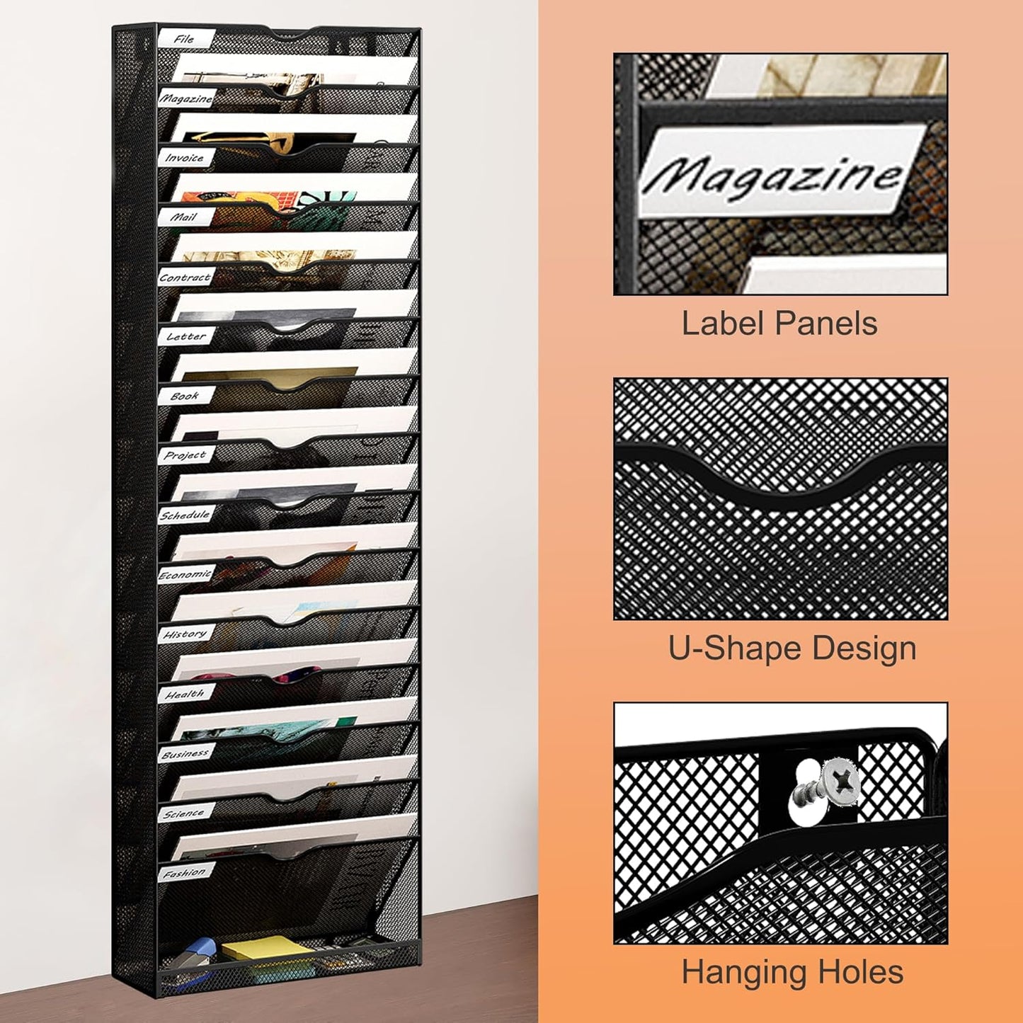 16 Tier Hanging Wall File Holder, Metal A4 Wall Mounted Document Holder, Vertical Hanging Mail Organizer, Magazine Storage Rack with Tray for Office Home Classroom, Black