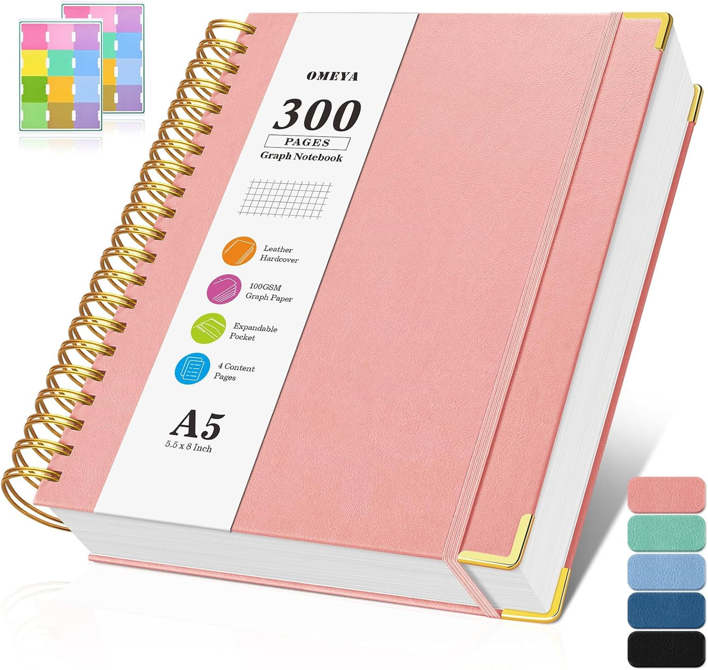 Graph Paper Notebook, Spiral Grid Notebook, Hardcover Leather Journal 300 Pages, 100gsm Thick Grid Paper Notebook, A5 Small Graphing Notebook Journal for Women Men Writing Engineering School Work