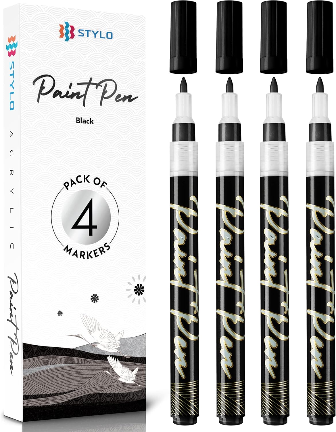 Stylo 4 Count Acrylic Metallic Pens - Black Paint Pens - Fine Tip Permanent Acrylic Metallic Paint Markers for Rock Painting, Glass, Wood, Ideal for Arts and Crafts (Pack of 4, Black)