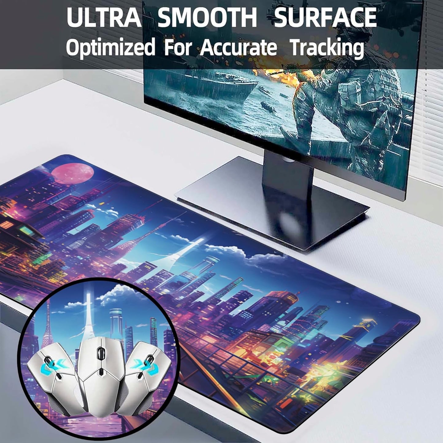 Extended Large Gaming Mouse Pad, Cyberpunk Streets Large Desk Mat for Desktop XXL, Non-Slip Rubber Base Stitched Edges Long Computer Keyboard Desk Pad Mouse Mat for Gaming Home Office 35.4"X15.7"