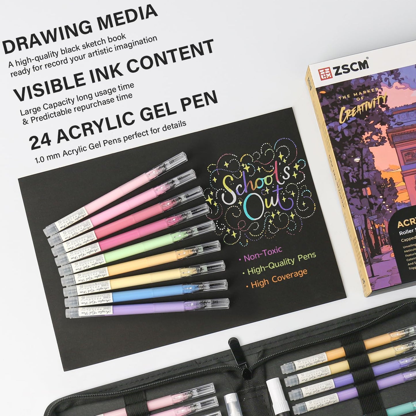 24 Colors 3D Acrylic Gel Pens & Black Paper Sketchbook for Drawing, 1mm Fine Point Acrylic Ink Pen, Opaque Archival Dull Ink Pens for Black Paper Drawing, Sketching, Illustration, Card Making