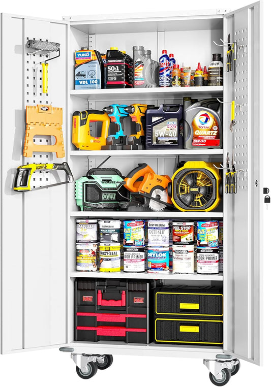 Greenvelly 72" Metal Storage Cabinet with Wheel and Pegboard, Lockable White Metal Garage Cabinets with 2 Doors and 4 Adjustable Shelves, Rolling Steel Tool Cabinet for Garage, Home Office, School