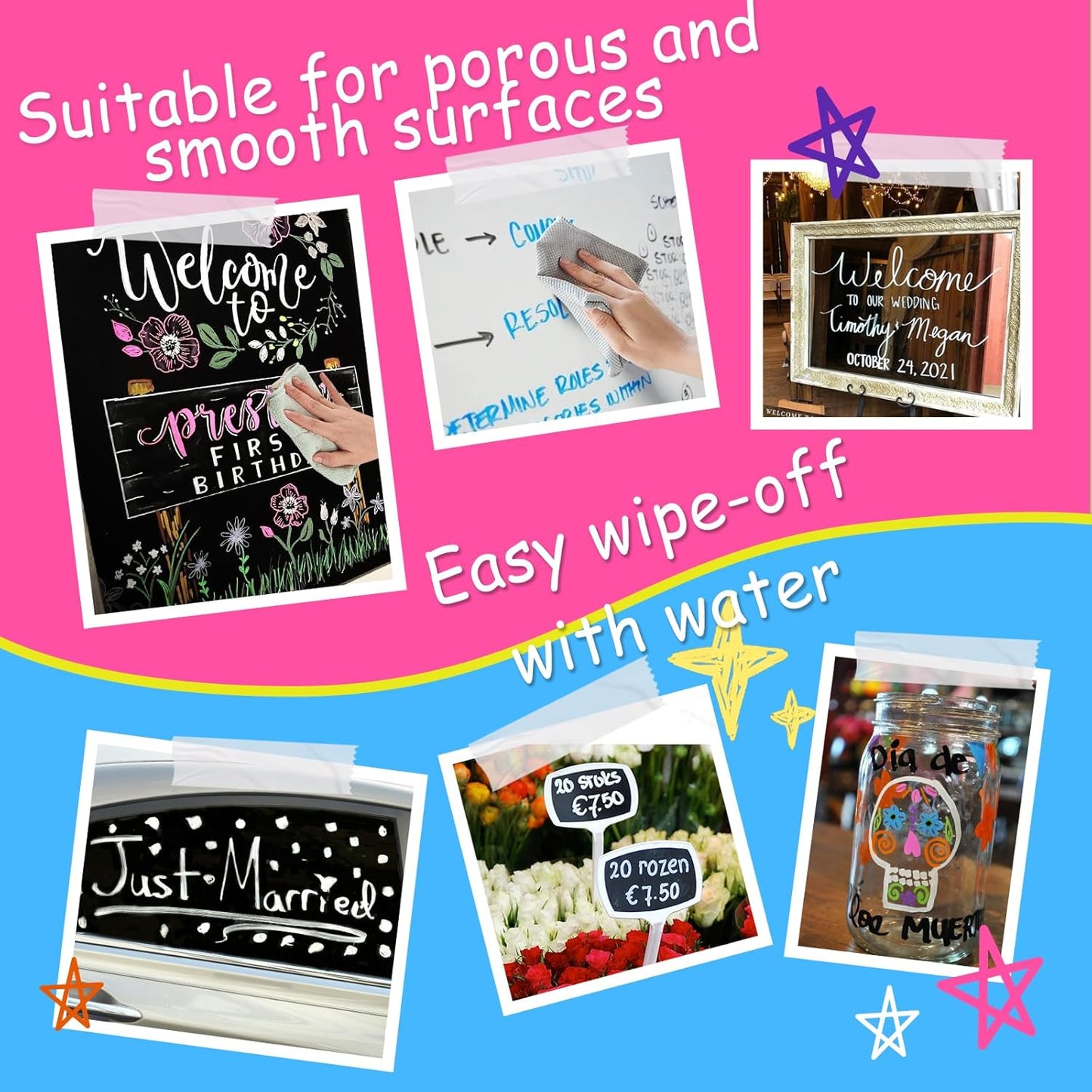 12 Liquid Chalk Markers for Blackboard Washable, 6MM Chalkboard Markers for Whiteboard, Window, Glass, Mirror, Car, Non-Toxic Chalk Pens for Back to School, Office & Home Use