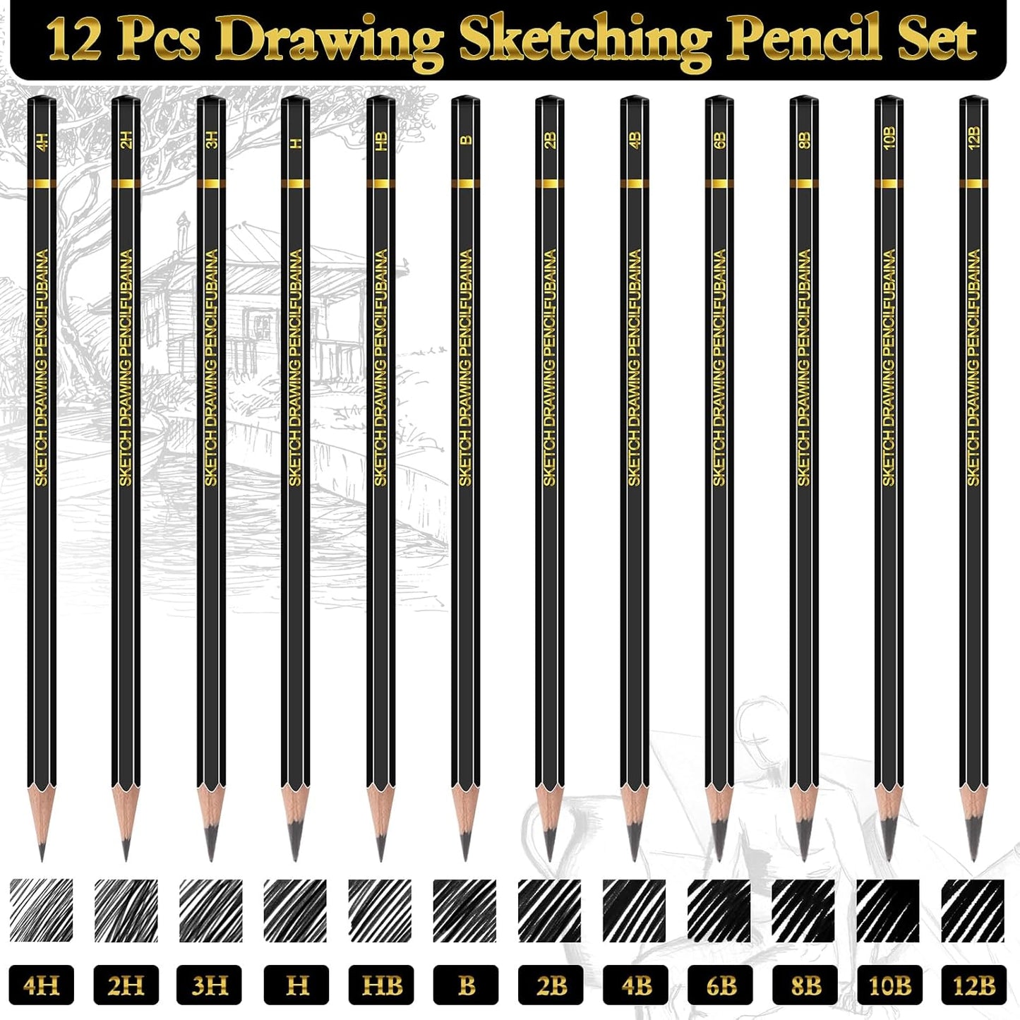12 Pcs Drawing Sketching Pencil Set Professional (12b - 4h) Graphite Charcoal Gift Bulk for Artists Beginners, Pro Artists, Drawing Art, Sketching