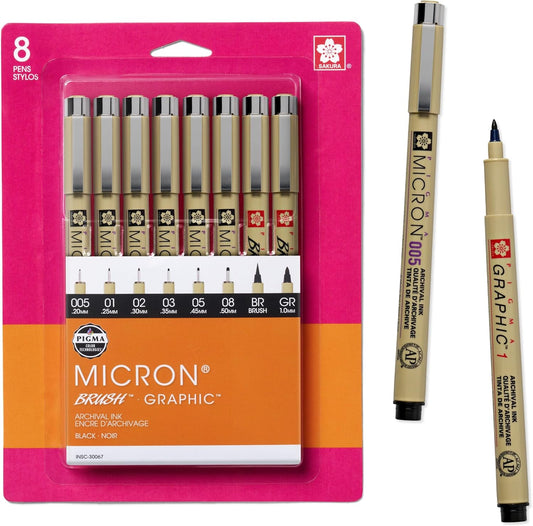 SAKURA Pigma Micron Fineliner Pens - Archival Black Ink Pens - for Writing or Drawing for Artists, Crafters & DIY Gifts Projects - Assorted Point Sizes - 8 Count