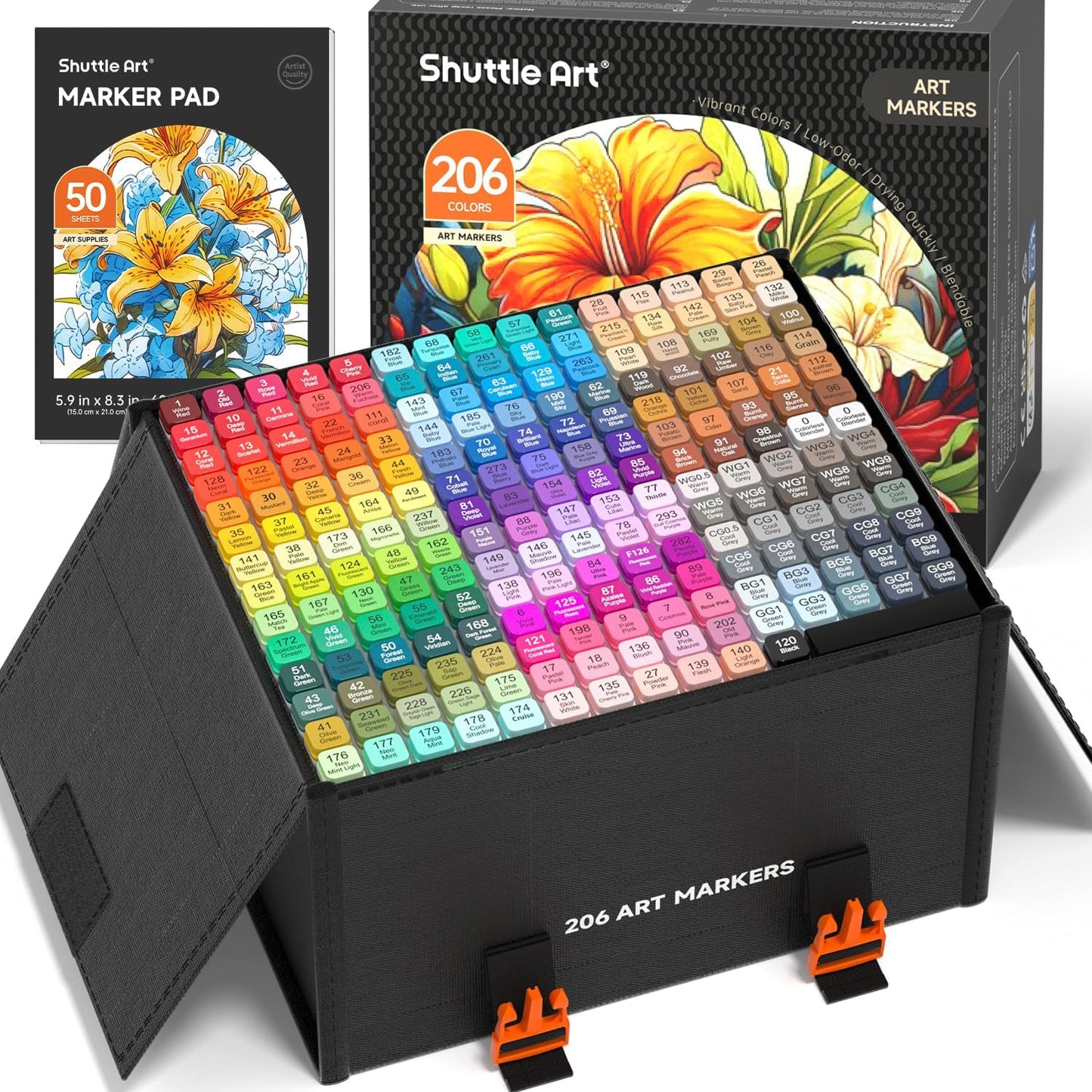 Shuttle Art 206 Colors Alcohol Markers, 204 Colors Dual Tip Art Marker Set Plus 2 Colorless Blender, Micro-tip Pens, White Highlighter Pens, Marker Bag Perfect for Students Adults Coloring