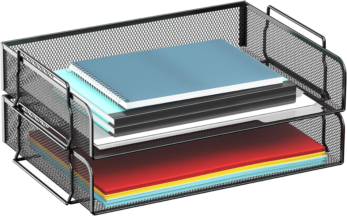 2 Tier Stackable Letter Tray, Metal Mesh File Storage Desktop Organizer for Home Office, Black