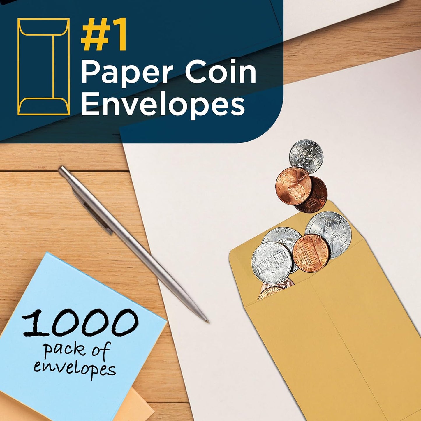 Guardian #1 Paper Coin Envelopes with Gummed Flaps, Pack of 1000 Blank Small Envelopes for Gift Cards, Coins, Receipts, Stamps, Small Parts Storage, and More, 2 ¼ Inches x 3 ½ Inches, Brown