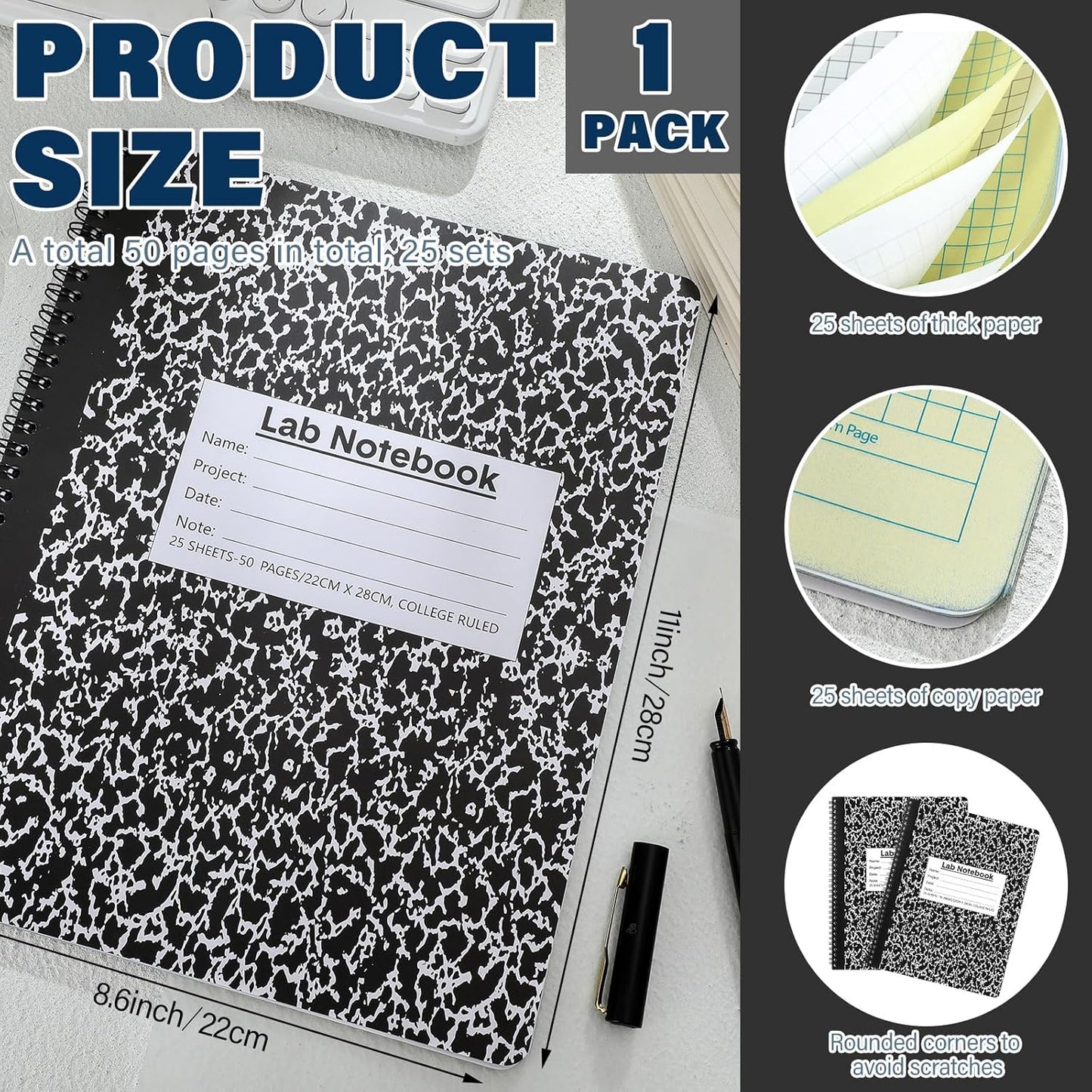 1 Pack Carbonless Lab Notebook Carbon Copy 8.5'' x 11'' Laboratory Engineering Chemistry Computation Notebook Science Grid Contains 25 Set Pages 50 Sheets Total Coil Binding