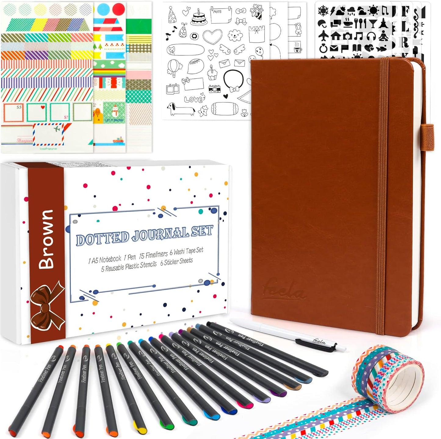 feela Dotted Journal Kit, Dot Grid Journal Hardcover Planner Notebook Set For Beginners Women Girls Note Taking with Journaling Supplies Stencils Stickers Pens Accessories, A5, 224 Pages, Brown