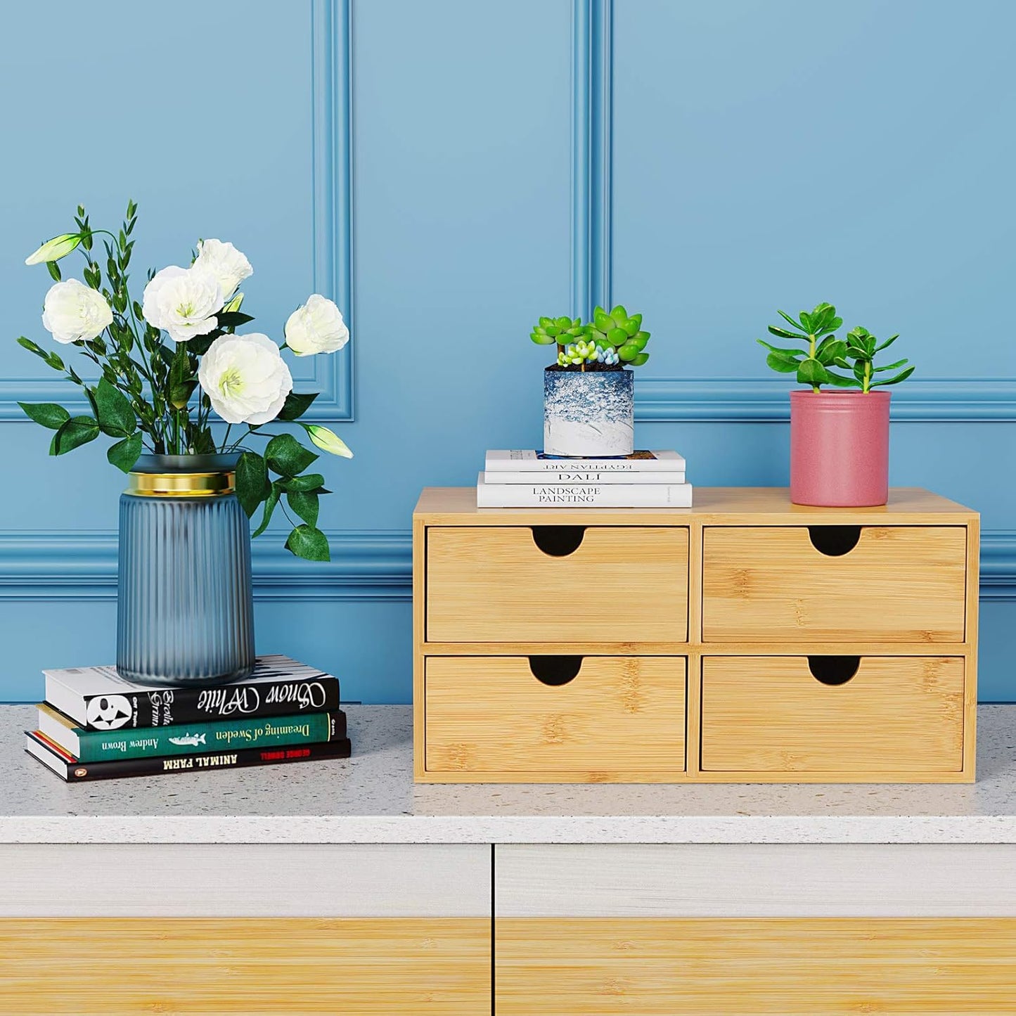 Wisuce Bamboo Desk Organizer - Mini Desktop Drawer Tabletop Storage Organization Box for Office Home Toiletries Supplies, No Assembly Required (4 Drawer)