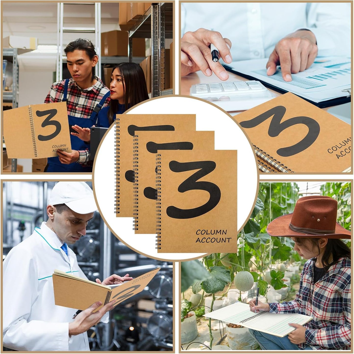 2 Pcs Accounting Ledger Book 3 Column 7 * 9.25inch Columnar Notebook Columnar Pad 3 Columns Kraft Paper Cover 100 Pages for Personal Use Small Business(50 Sheet)