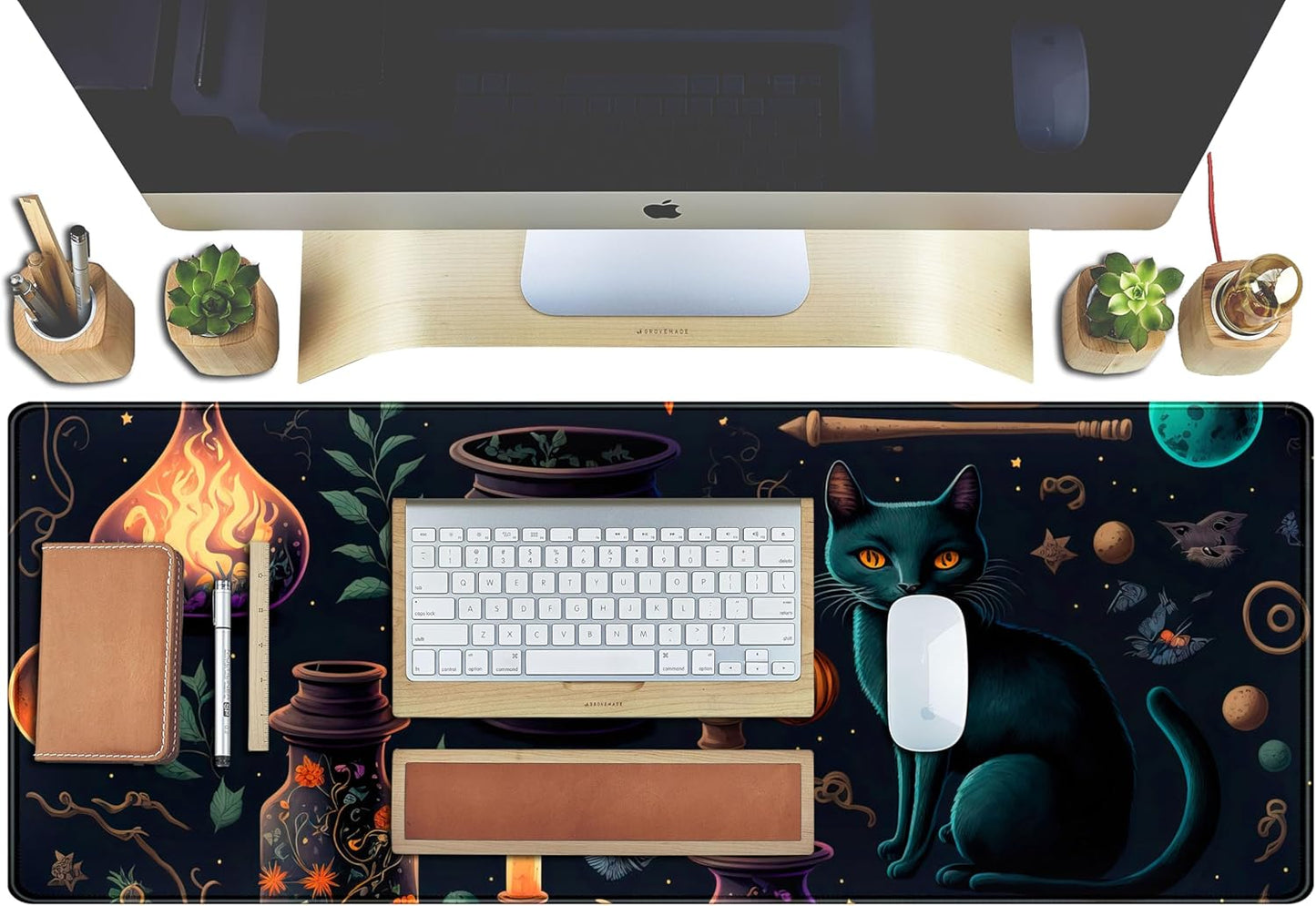 Cute Anime Cat Desk Mat Kawaii Cats Mouse Pad, XL Large Extended Gaming Desk Pad Mousepad, Women Desk Decor Pad Computer Laptop Keyboard and Wireless Mouse Mat with Stitched Edges 31.5x11.8 in