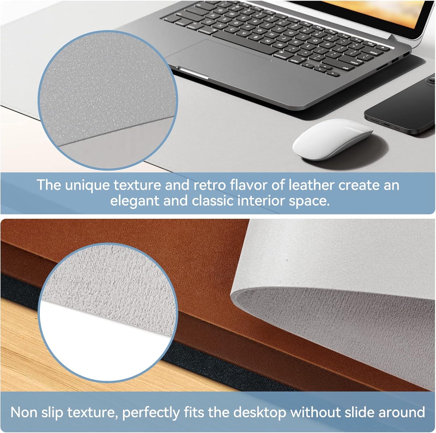 Desk Mat Wireless Charging Mouse Pad Large 32x16 Journey Desk Pad Mat with Wireless Charger Waterproof Grey Leather Computer Mat with Phone Charger Mousepad Non-Slip for Keyboard and Mouse