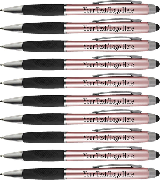 Personalized Pens With your Custom Logo or Text-300 Pack Bulk-for Businesses, Parties, and Events, 2 in 1 Ballpoint Pen + Capacitive Stylus forTouchscreen Devices, Rose Gold Barrel, Blue Ink