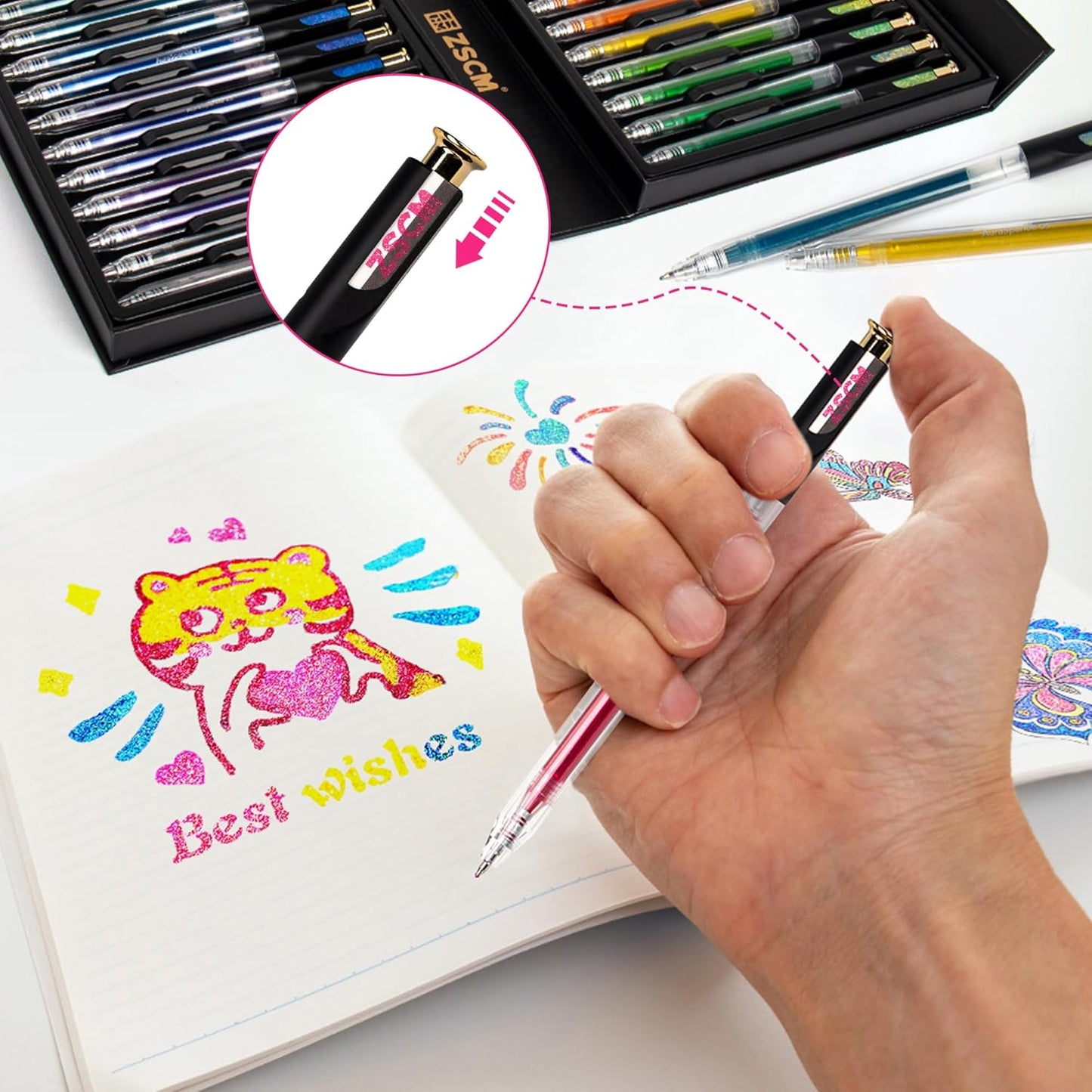 Retractable Super Glitter Gel Pens, 24 Colors Large Capacity Metallic Sparkle Gel Ink Pens, 1 mm Fine Point Smooth Writing Color Pen for Adult Coloring Book Note Taking Aesthetic Art Supplies