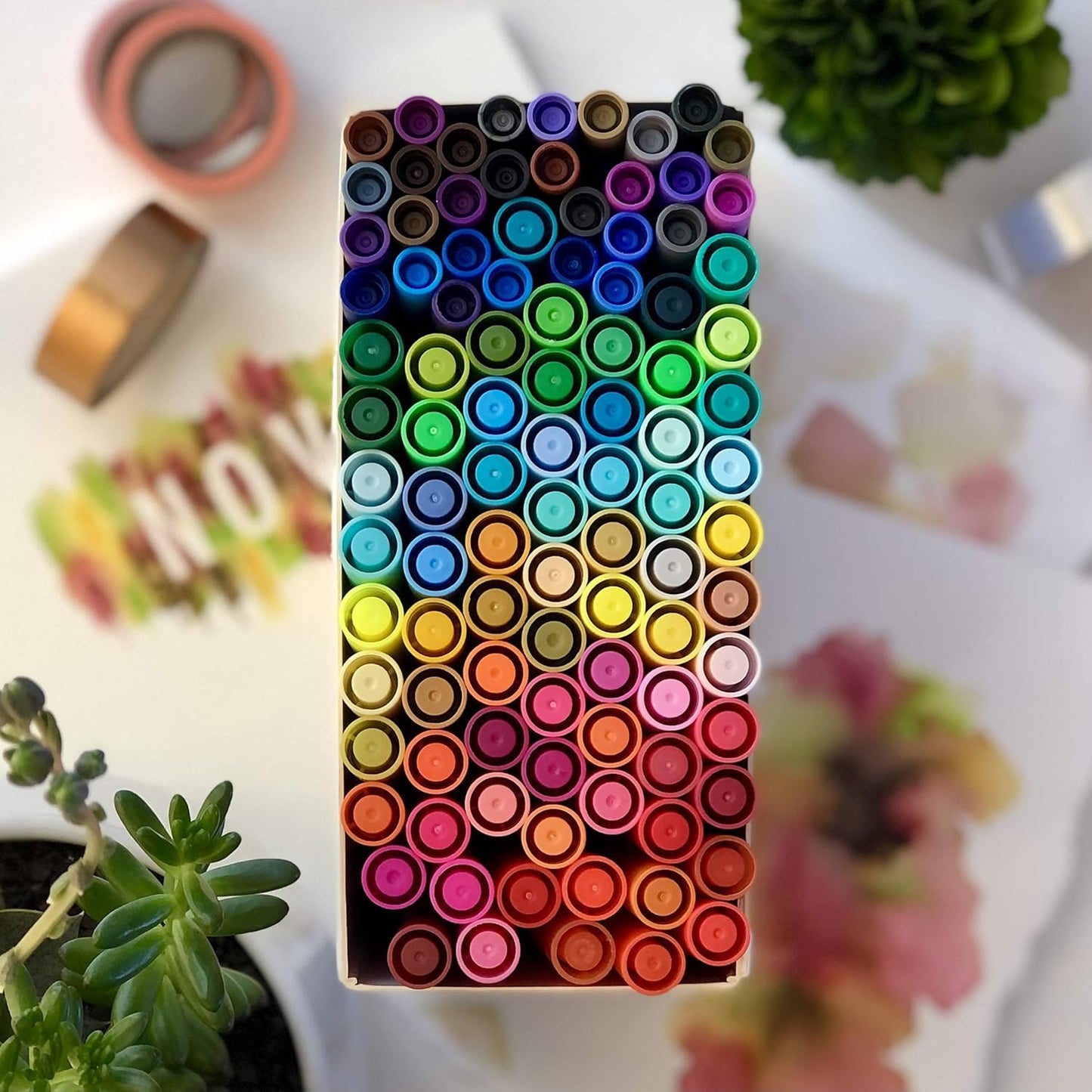 Primrosia 100 Dual Tip Marker Pens, Fineliner and Watercolor Brush Pens for Art Sketching Illustration Calligraphy or Journals Drawing Coloring