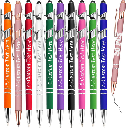 Personalized Pens Bulk 20 with Name Custom Engraving Ballpoint Pens with Stylus Tip Customized Smooth Writing Pens Personalized Gifts for Anniversary Birthday or Graduation(Assorted,Black Ink)
