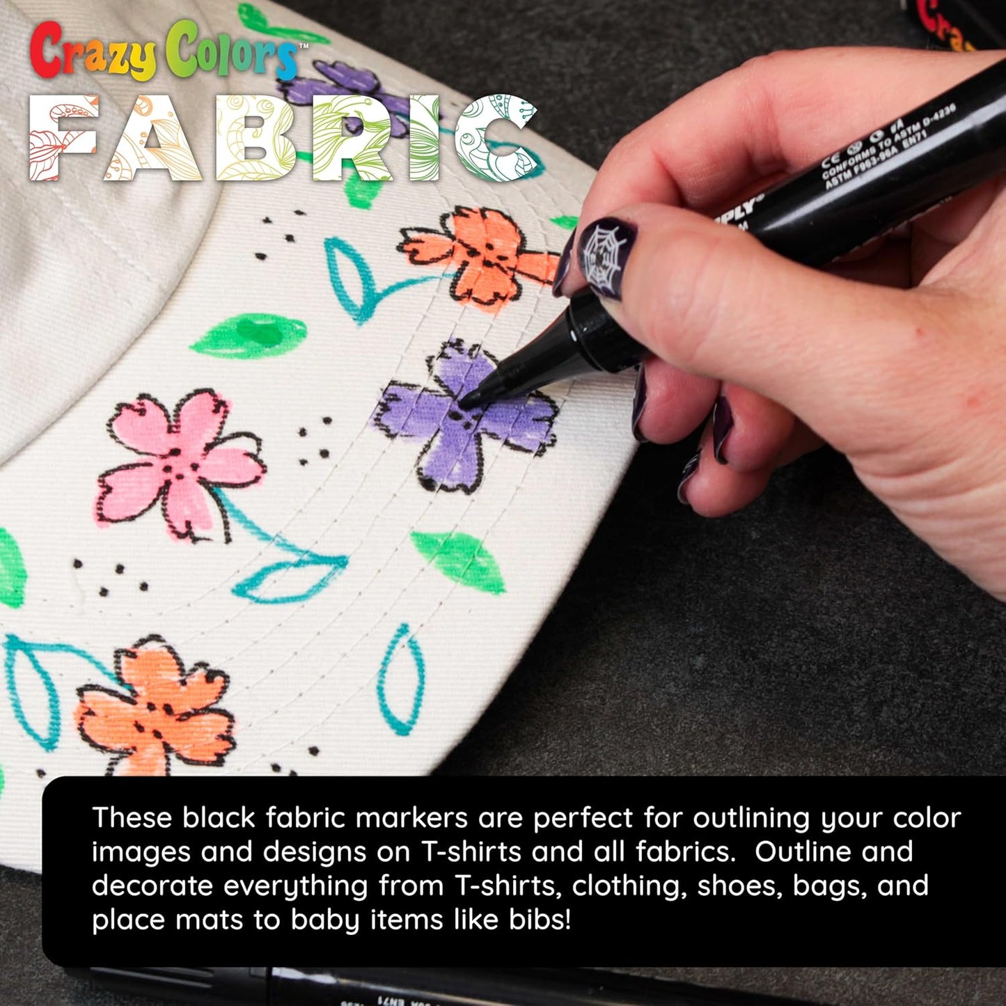 Super Markers Black Dual Tip Fabric & T-Shirt Markers, Set of 6 - Double-Ended with Chisel Point and Fine Point Tips - Permanent Vibrant Ink - Outline Clothing Designs Decorate Clothes