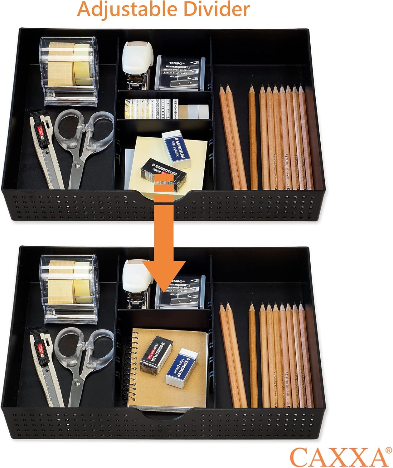 CAXXA 2 Pack 3 Slot Drawer Organizer with Two Adjustable Dividers - Junk Drawer Storage for Office Desk Supplies and Accessories, Black (2 Pack)