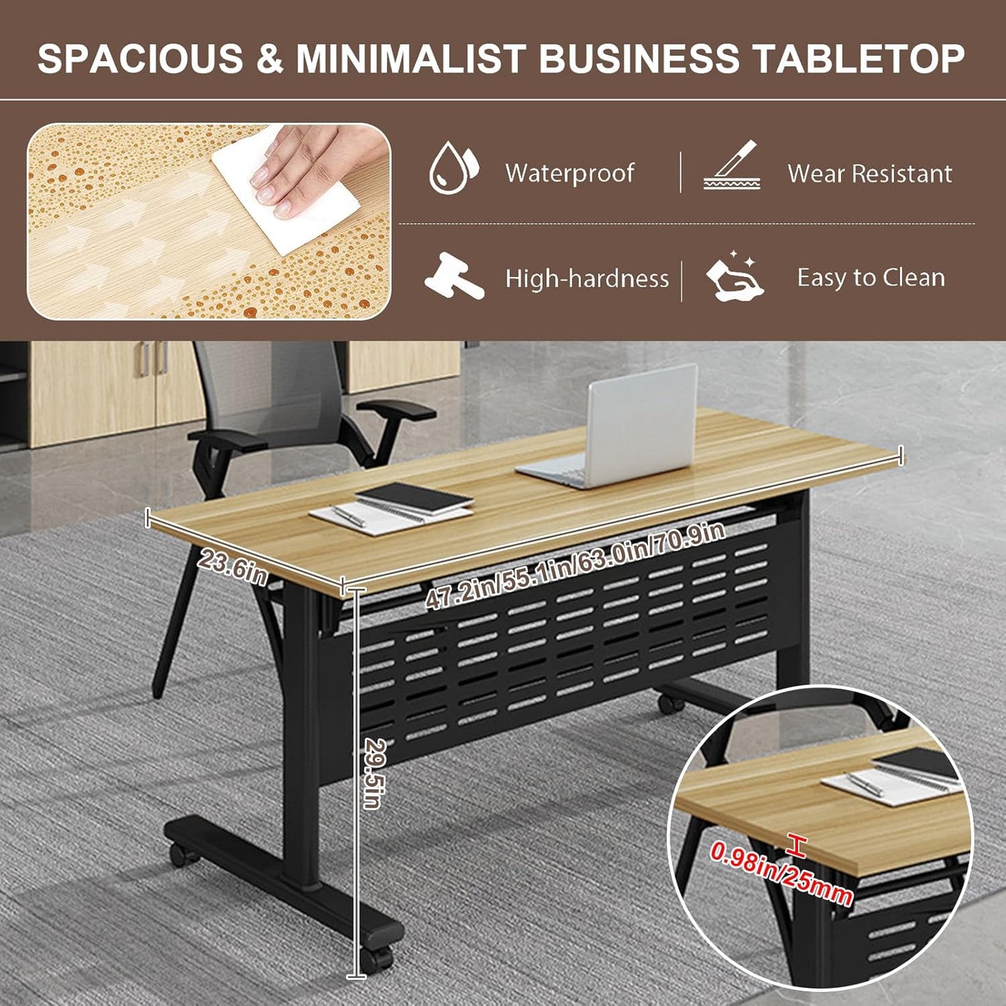 Folding Conference Room Table, Modern Conference Tables with Wheels, Large Rectangular Mobile Training Tables for Office Classroom, Foldable Modular Boardroom Seminar Table Maple (8pack L70.9in)