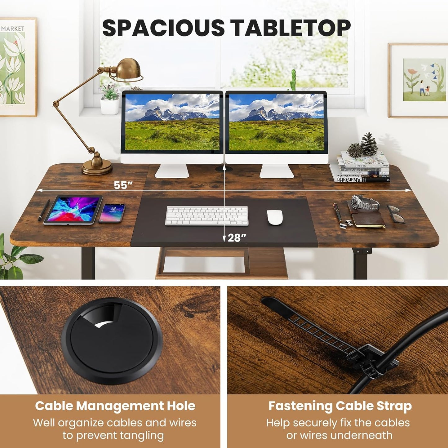 GOFLAME Height Adjustable Electric Standing Desk, 55 x 28 Inch Sit Stand Up Electric Desk with Metal Frame, Ergonomic Standing Workstation for Study, Office, Living Room, Brown