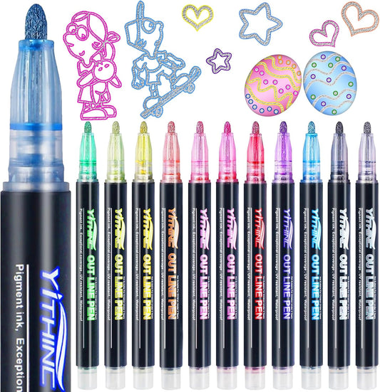 Outline Shimmer Markers, 12 Glitter Metallic Gel Pens for Coloring, Tween Teen Girl Gifts Trendy Stuff, Halloween Basket, Birthday Party, Cool Fun Art Crafts Supplies for Kids Girls Ages 8 10 12 14 16