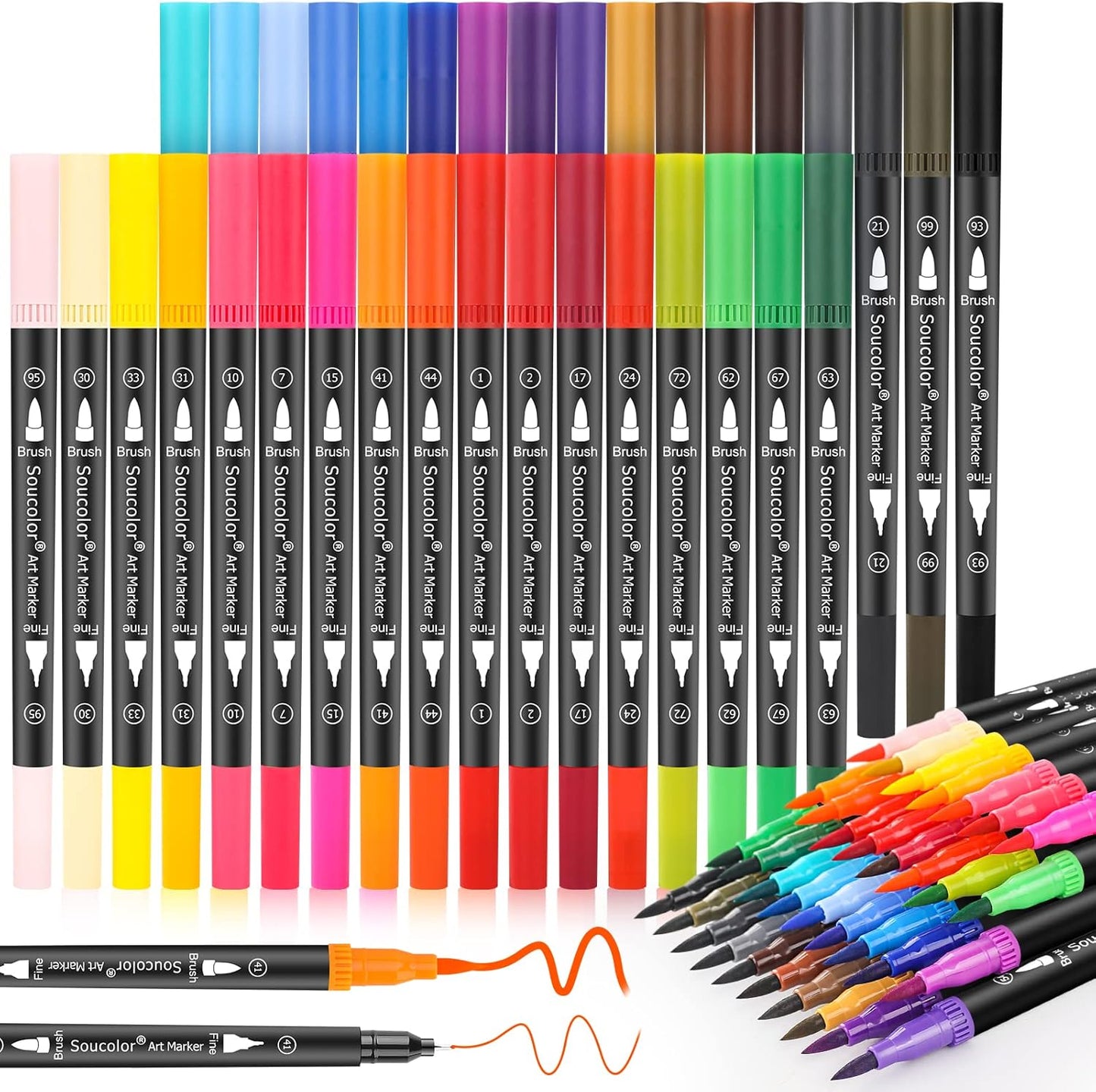 Soucolor Art Brush Markers Pens for Adult Coloring Books, Cute Preppy Stuff School Office Teacher Supplies, 34 Colors Dual Tip (Brush and Fine Point) Drawing Markers for Note Taking Journal Classroom