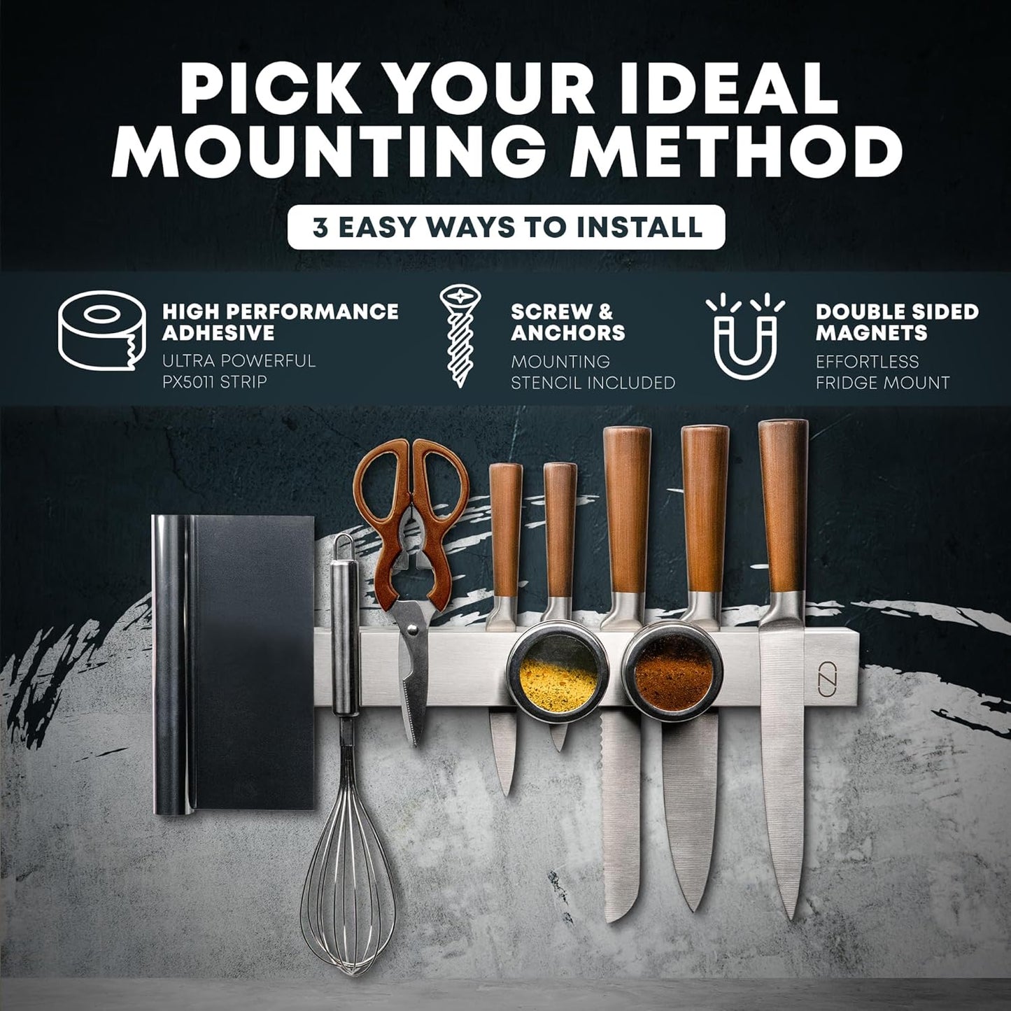 16" Magnetic Knife Holder for Wall with 2x Storage - Safe, Patented Storage Design - Stainless Steel Knife Magnetic Strip, Under Cabinet Knives Storage - Magnet Strip Rack Kitchen Utensil Organizer