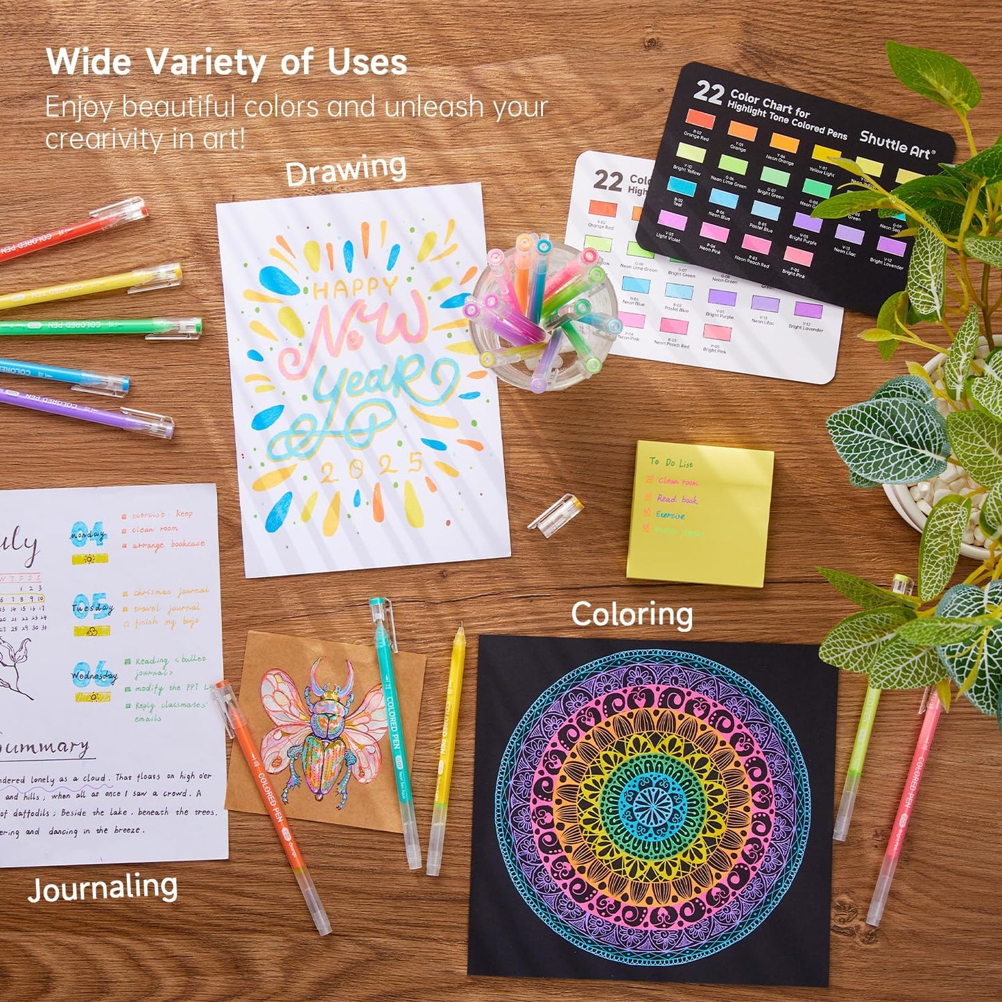 Shuttle Art Colored Pens, 22 Highlight Tone Colors Cute Journal Pens 0.6mm Fine Point Colored Gel for Black Paper Adult Coloring Writing Drawing Journaling Note Taking School Office Home