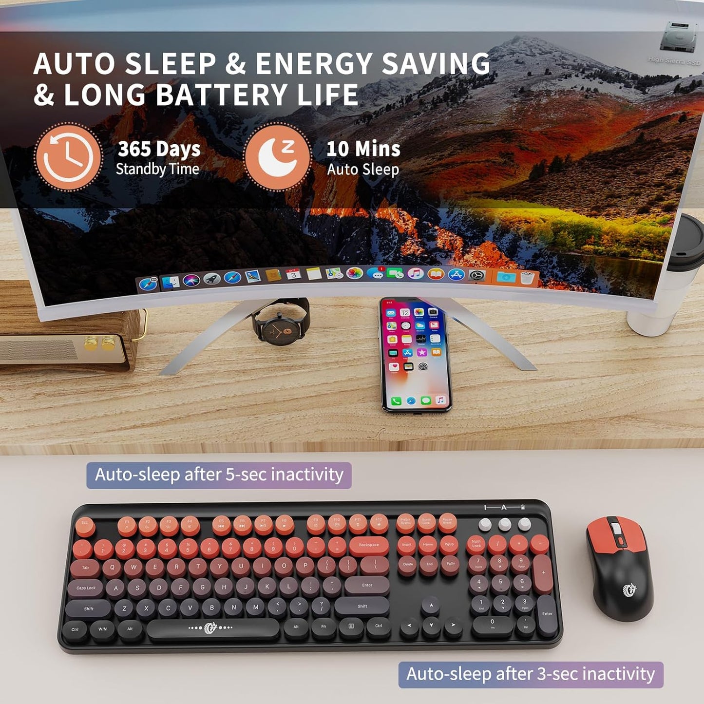 FD Wireless Keyboard and Mouse Combo | Cute Colorful Keyboard and Mouse with 2.4GHz Cordless Retro Typewriter Keyboard | Auto-Sleep | USB Receiver for Windows PC/Laptop - Black Orange Gradient