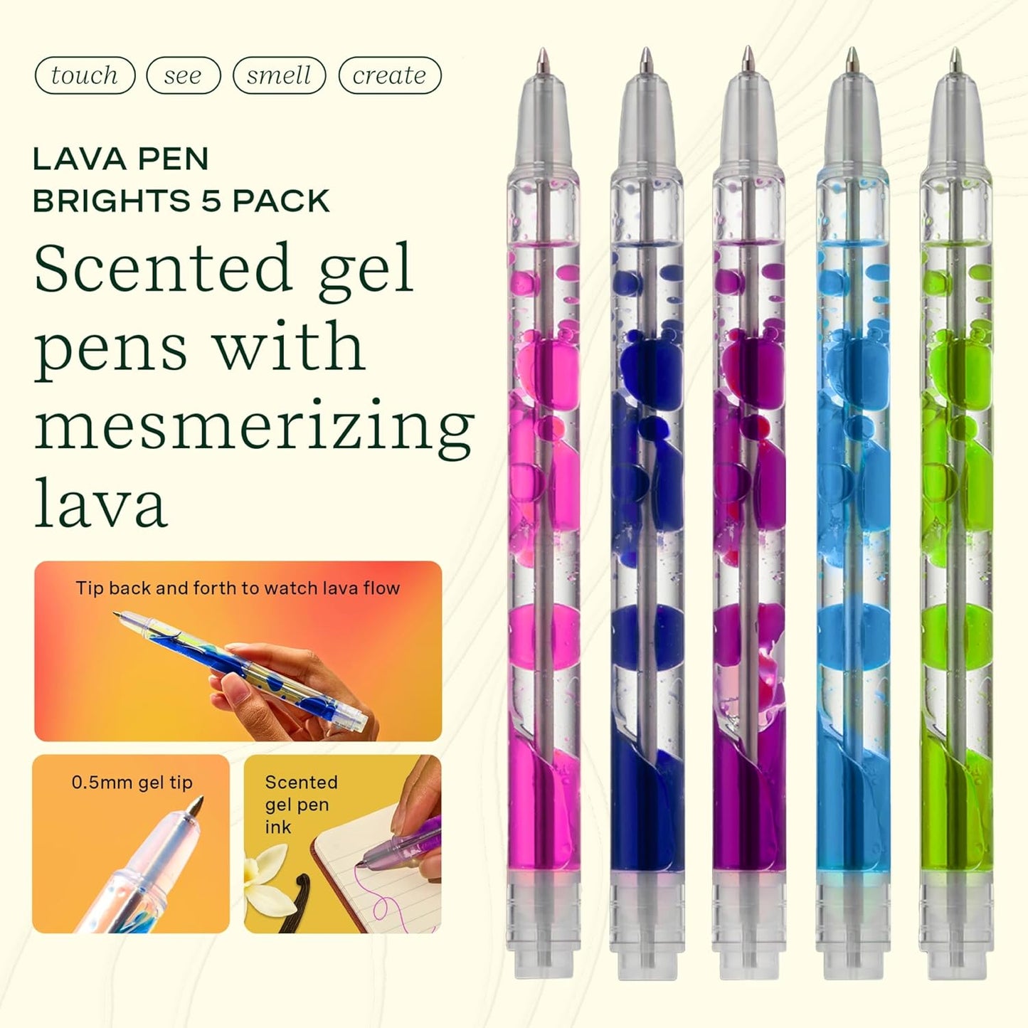 Lifelines Scented Lava Gel Pen Set, 5-Pack (Brights) - 0.5mm Colored Gel Pens Infused with Scented Essential Oil Blends & Mesmerizing Lava - School Supplies for College Kids & Adults