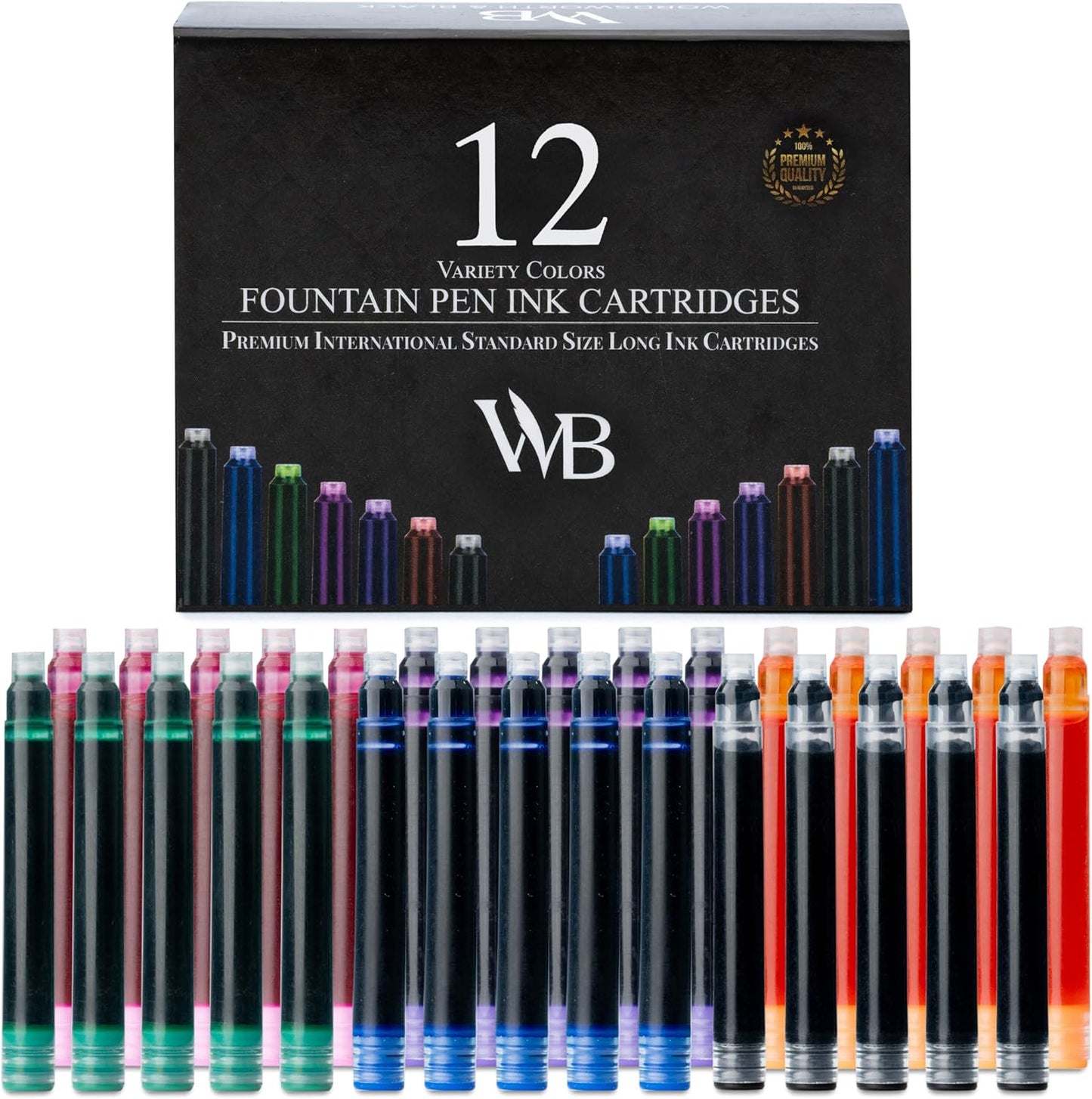 Wordsworth & Black 12 Pack Fountain Pen Ink Refills - Set of 12 Assorted Ink Cartridges - International Standard Size - Length APPR 2.3" - Base Diameter APPR 0.24" - Disposable and Generic