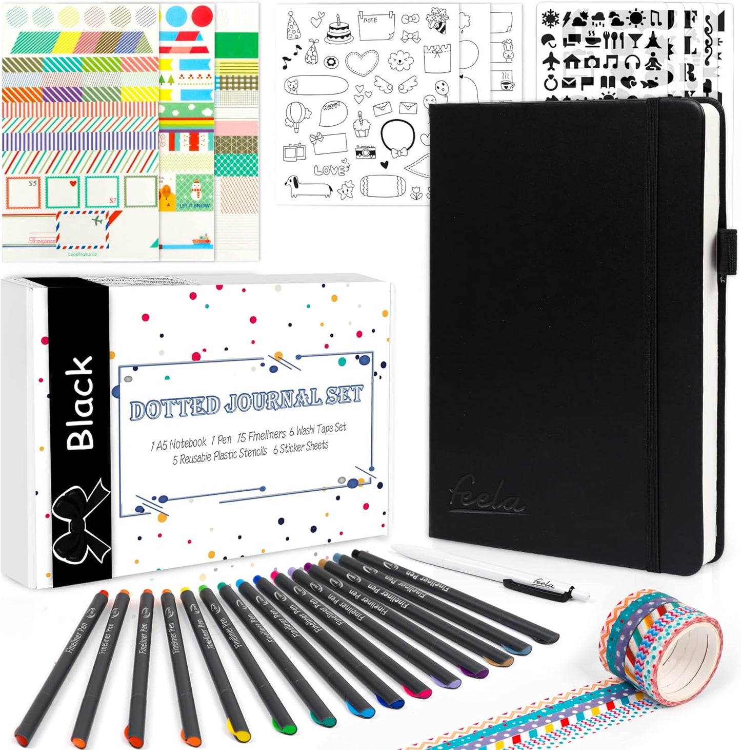 feela Dotted Journal Kit, Dot Grid Journal Hardcover Planner Notebook Set For Beginners Women Girls Note Taking with Journaling Supplies Stencils Stickers Pens Accessories, A5, 224 Pages, Black