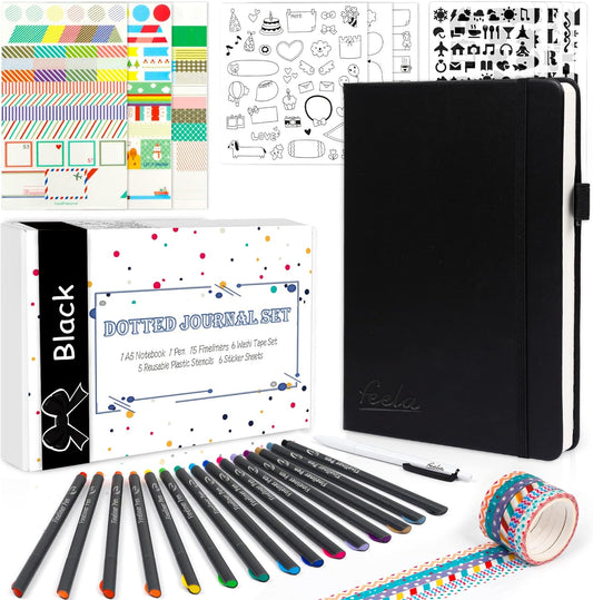feela Dotted Journal Kit, Dot Grid Journal Hardcover Planner Notebook Set For Beginners Women Girls Note Taking with Journaling Supplies Stencils Stickers Pens Accessories, A5, 224 Pages, Black
