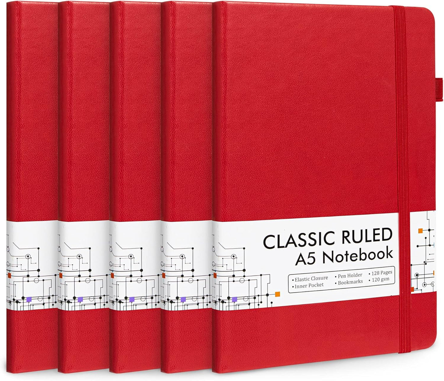 feela 5 Pack Journal Notebook Bulk for School, Hardcover Business Notebooks Classic Ruled Lined Journals with Pen Holder for Work Note Taking, with 5 Black Pens, 120 GSM, 5.1”x8.3”, A5, Red