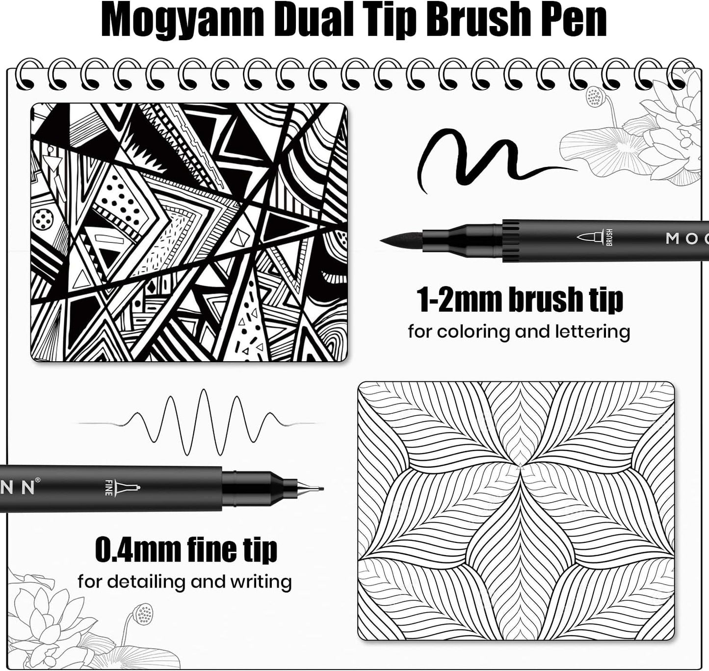 Mogyann Drawing Pens, 12 Pack Dual Brush Pens Black Markers for Art Drawing Sketching