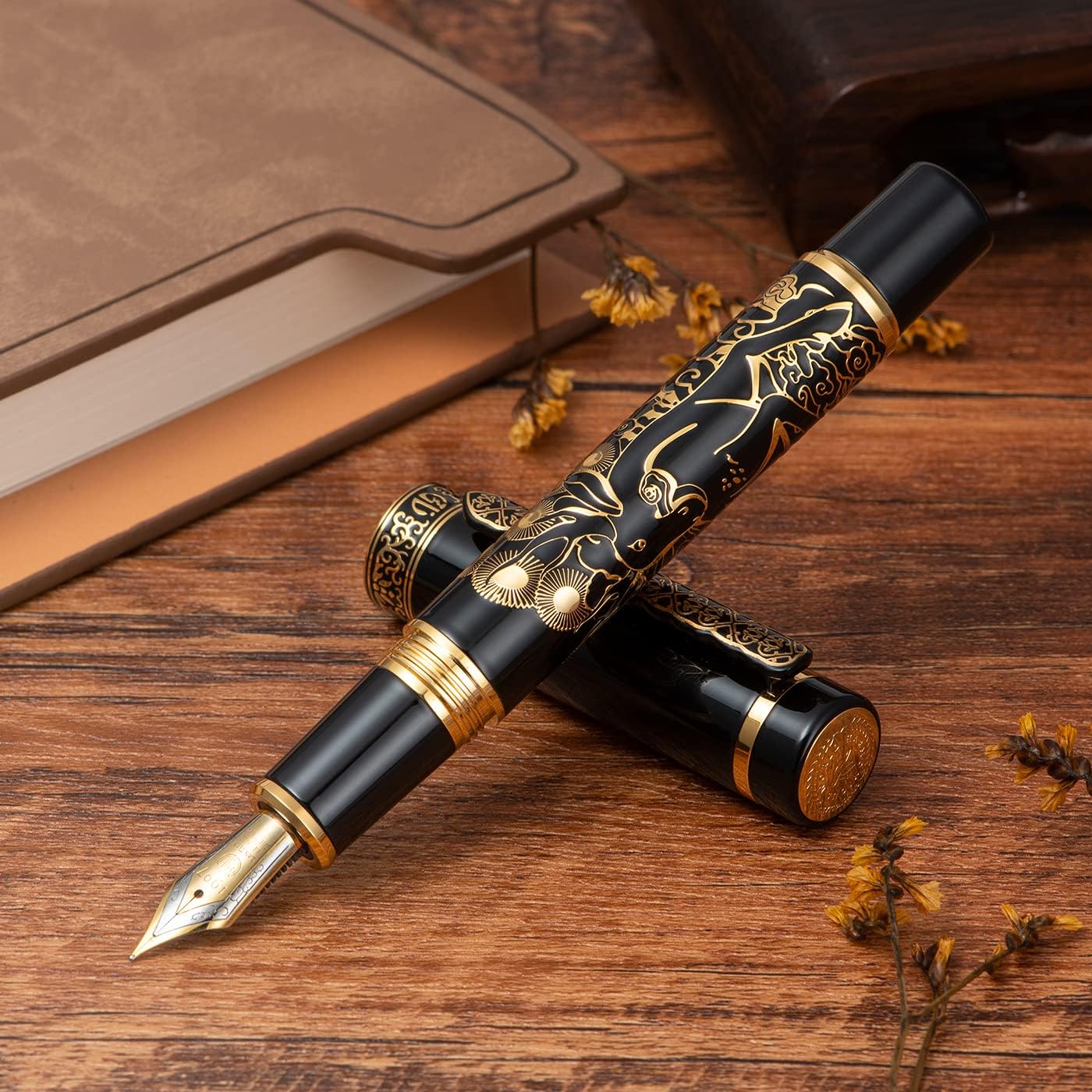 Hongdian 8037 Chinese Classical Fountain Pen, Iridum Extra Fine Gold Nib with Chinese Deer Totem Design, Smooth Writing Pen with Ink Converter and Metal Pen Box Set
