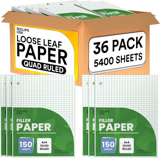 Graph Paper, Loose Leaf Graph Paper, 4 x 4 An Inch Quad Ruled Graph Paper, 10.5” x 8” Graphing Paper, 56 gsm, 150 Per Pack (36 Pack)