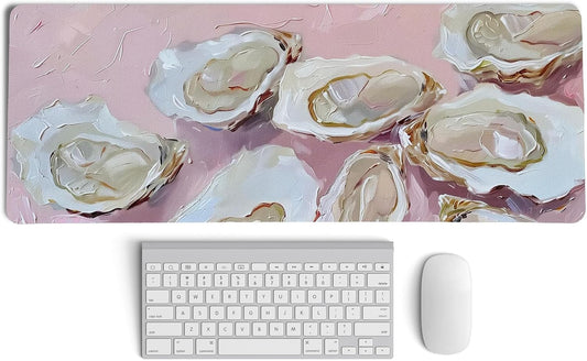 Pink Ocean Coastal Art Mouse Pad,Colorful Beachy Seashell Mouse Pad,XL Large Oyster Abstract Art Desk Mat,Girly Laptop Desk Mat,31.5x11.8 Inch