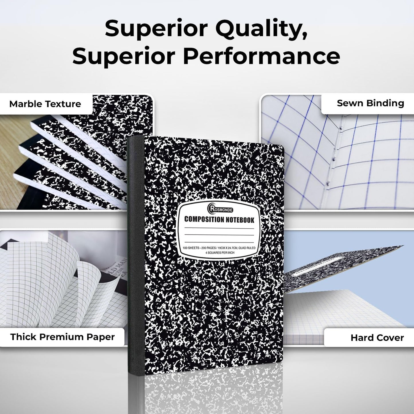 12 Pack Graph Paper Composition Notebook, 200 Pages (100 Sheets), 4x4 Grid, Graph Composition Notebook, Black Marble Hard Cover Quad Ruled Notebooks for School, Bulk Grid Composition Notebook