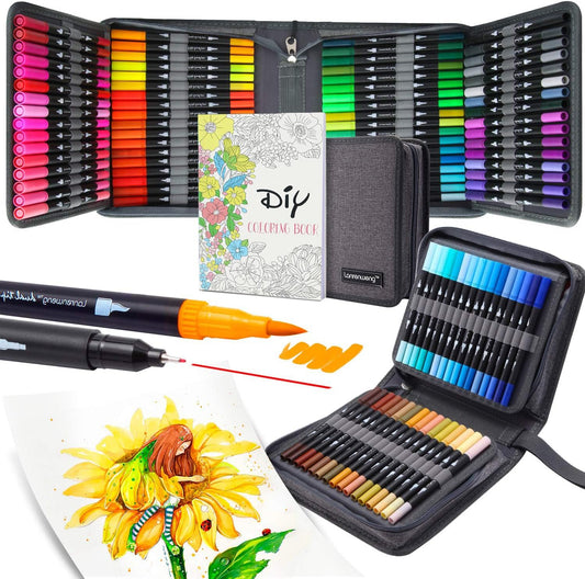 100 Colors Duo Tip Brush Markers Art Pen Set, Fine Brush Tip Colored Pens Set with Canvas Bag,Adult Coloring Books Drawing Sketching Calligraphy