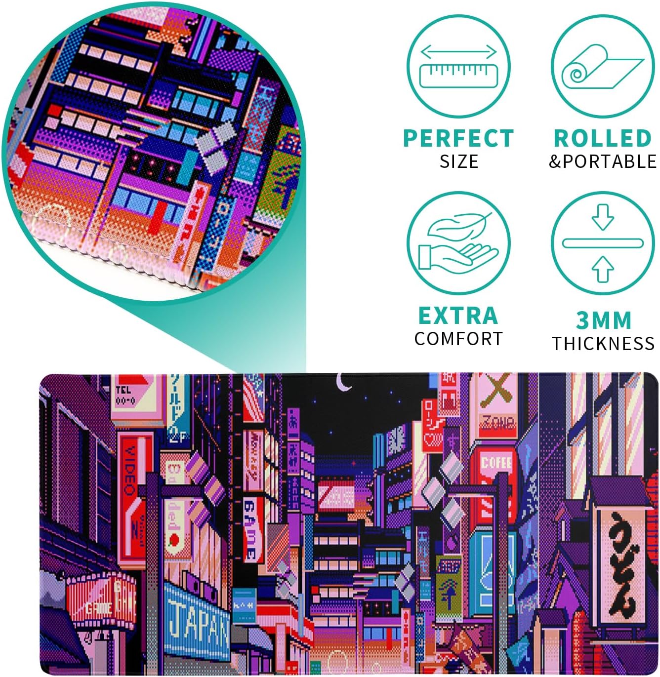 Dark Purple Japanese Gaming Mouse Pad Abstract Anime Mat 27.6x11.8 Inch Tokyo Pixel Street Texture Non-Slip Rubber Base Kawaii Mousepad Stitched Edges Keyboard Desk Pad for Office and Home Game