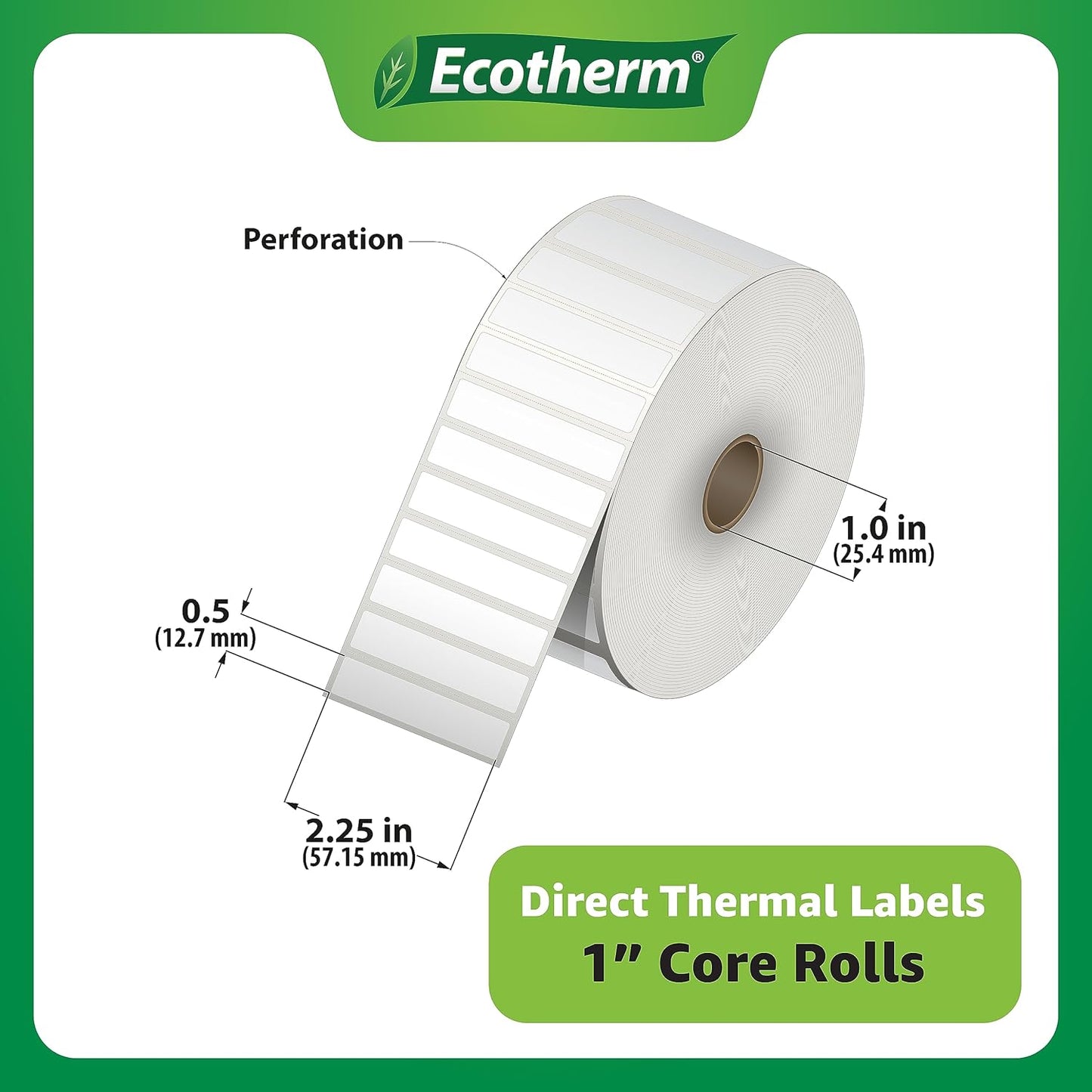 2.25" x .5" Thermal Labels | 6 Rolls | 25200 Labels | fits Zebra, Munbyn, Rollo, Godex, Arkscan, iDPRT, Offnova Thermal Label Printers and More | Blank White Adhesive Stickers by Ecotherm