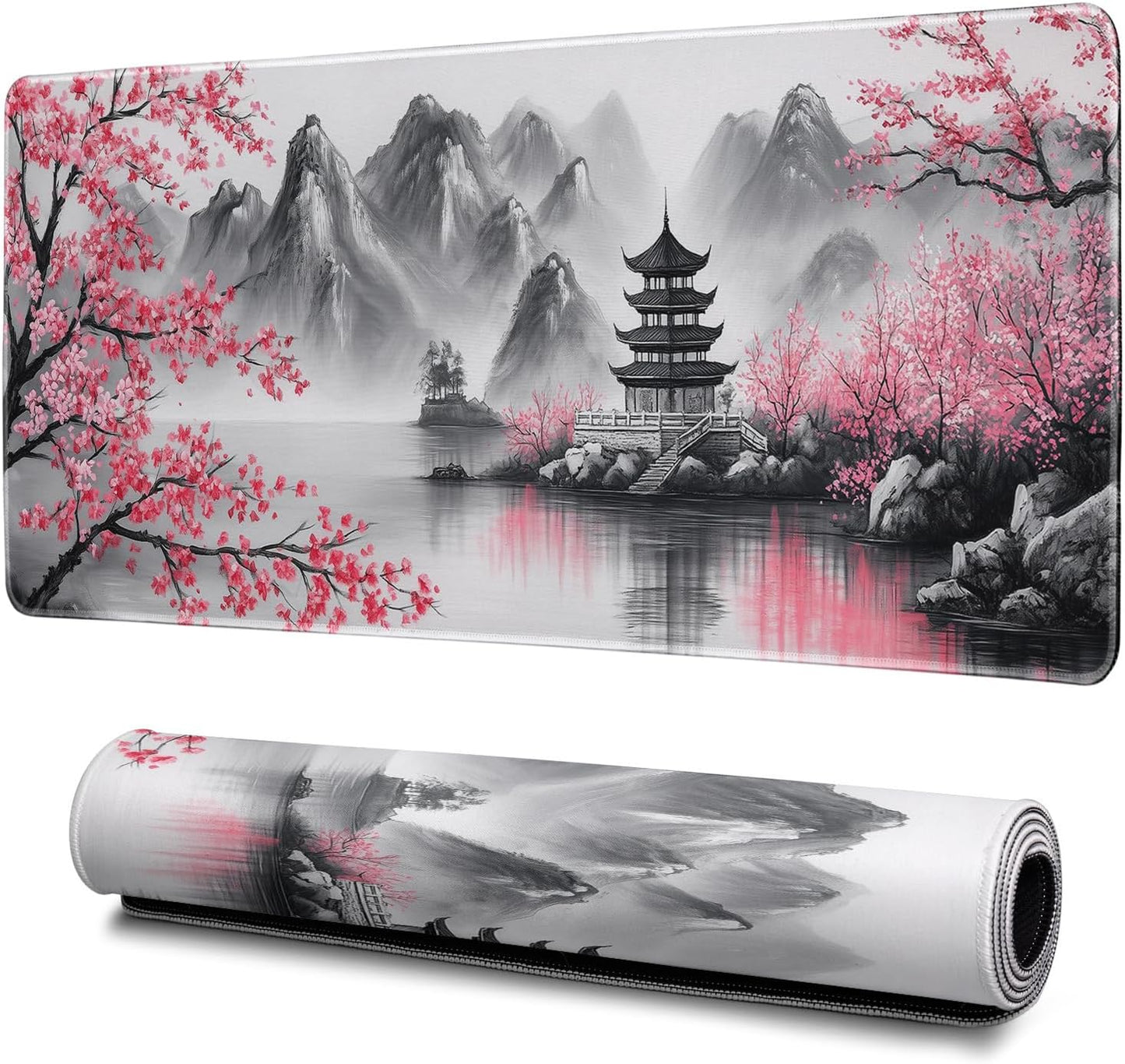 Retro Cherry Blossom Mouse Pad Abstract Big Mouse Pad 31.5x11.8 Inch Retro Texture Non-Slip Rubber Base Large Mousepad Stitched Edges Keyboard Mouse Mat Desk Pad for Office and Home