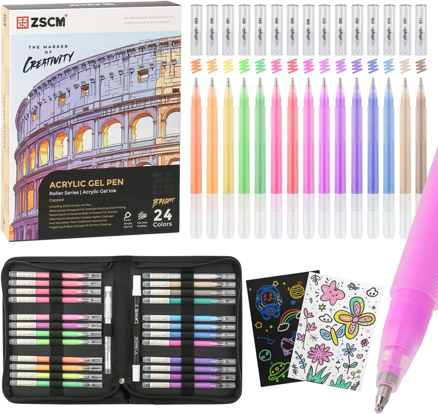 24 Colors 3D Acrylic Gel Pens & Black Paper Sketchbook for Drawing, 1mm Fine Point Acrylic Ink Pen, Opaque Archival Bright Ink Pens for Black Paper Drawing, Sketching, Illustration, Card Making