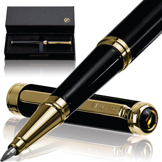 Customized Black & Gold Luxury Rollerball pen (Made In USA) fancy gift set for women, Real 24K Gold Plating, Professional executive pen gift set for men (Lux Custom-Rollerball Black-Gold)