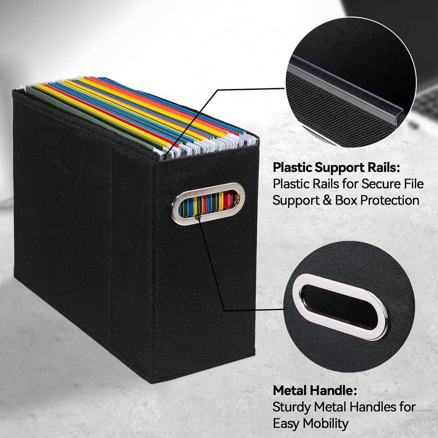 2 Packs Letter Size File Organizer, File Folders Organizer, Fabric Storage Box, Collapsible Paper Organizer with Metal Handle, Smooth PVC Rails, Only Box (Black)