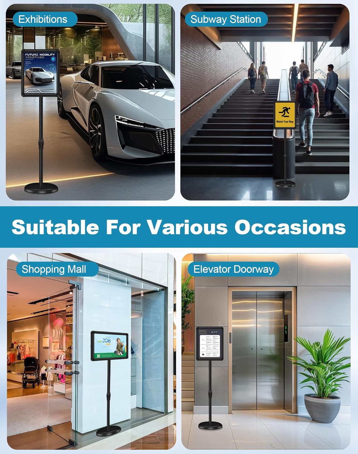 2 Pack Sign Holder Stand 8.5x11 inch for Display, Height Adjustable Floor Standing Signage Stand with 360° Rotated Snap Open Frame for Malls, Schools, Advertising, Outdoor Poster Stand